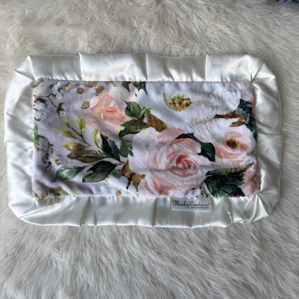 Minky Couture Mini Baby Lovey Blanket Floral Print light gray w/ coral & ivory